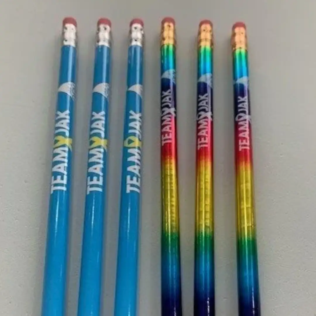 Team Jak's colourful graphite pencils are available in blue or rainbow, and come topped with an eraser.