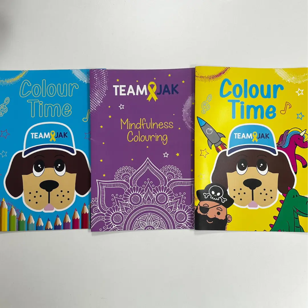 Team Jak's Colouring Books have yellow, blue, and purple covers and are sold alone or as a multipack of three. Choose from: Colour Time (Yellow cover) – Fun, playful pages perfect for younger children. Colour Time (Blue cover) – Packed with creative designs featuring TJ the mascot. Mindfulness Colouring (Purple cover) – Relax and unwind with intricate patterns for all ages.
